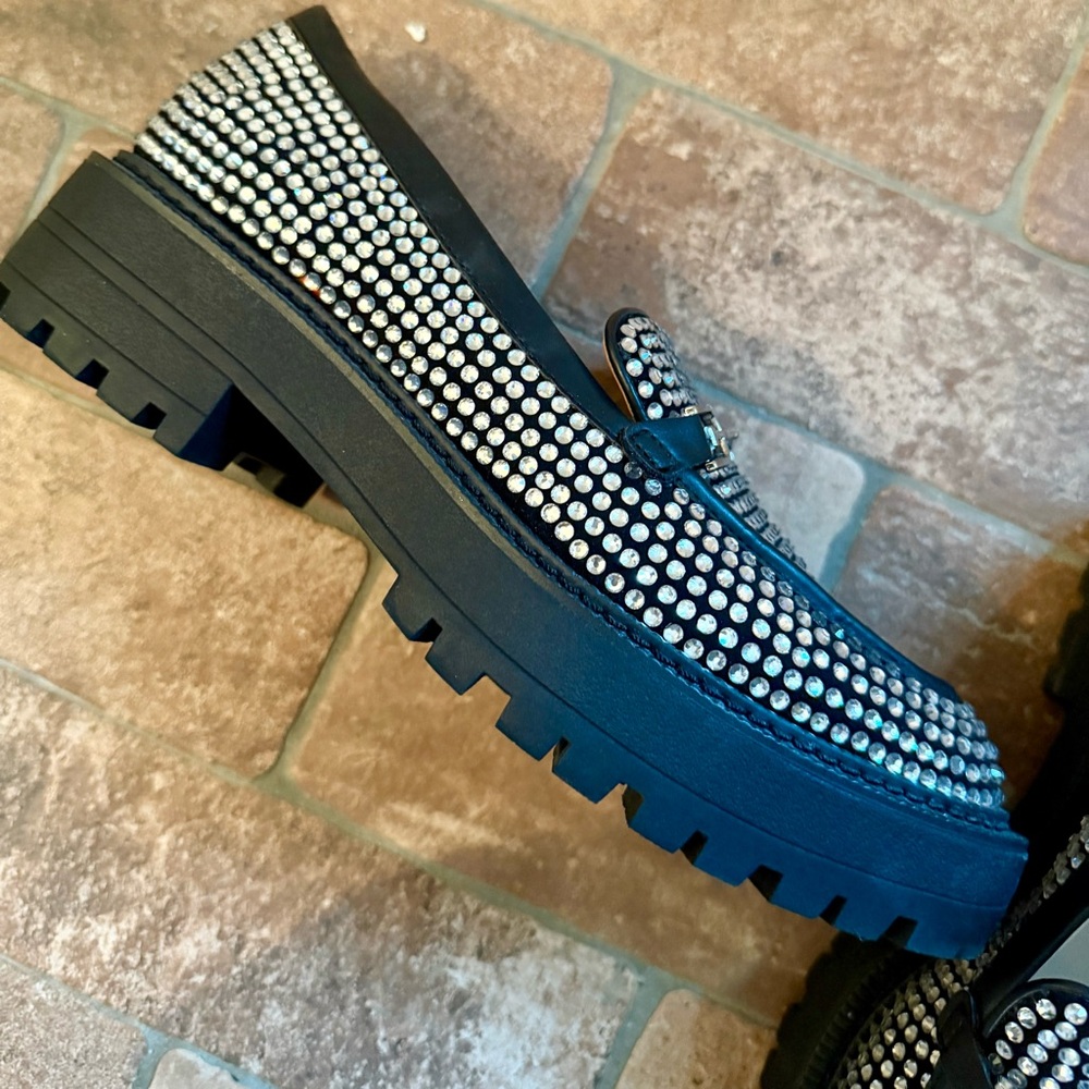 Sam Edelman Lars Glitz Black and Silver Rhinestone Embellished Loafers - Picture 5 of 9